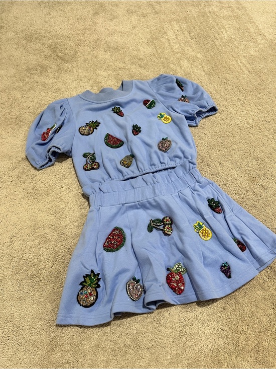 QUEEN OF SPARKLES Tops - Light Blue Women’s Two-Piece Set with Beaded Fruit Appliqués